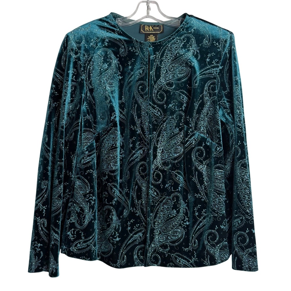 R&K Evening Jacket Cami Set Womens 16W Teal Glitter Paisley Velvet Glam Stretch